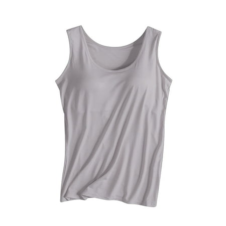 AKOEE Modal Cotton Tank Tops for Women with Shelf Bra Sleeveless Wide Strap Layer Padded Camisole Yoga Top S-4XL (Small  Gray)