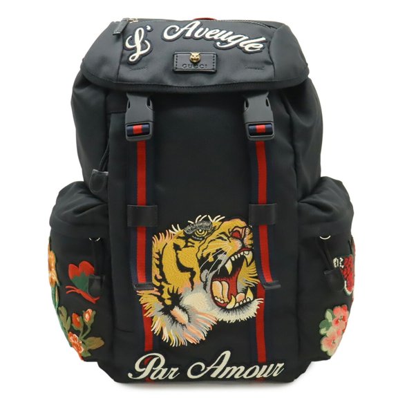 Pre-Owned GUCCI embroidered tiger web line/Sherry line backpack, nylon, black, 429037