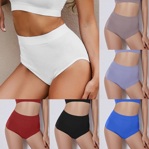 Siminsem Pure Cotton High Waisted Ribbed Panties for Women Full Coverage Soft Stretchy Underwear Breathable Briefs No Show Tummy Control Multipack S-XXL, White,L