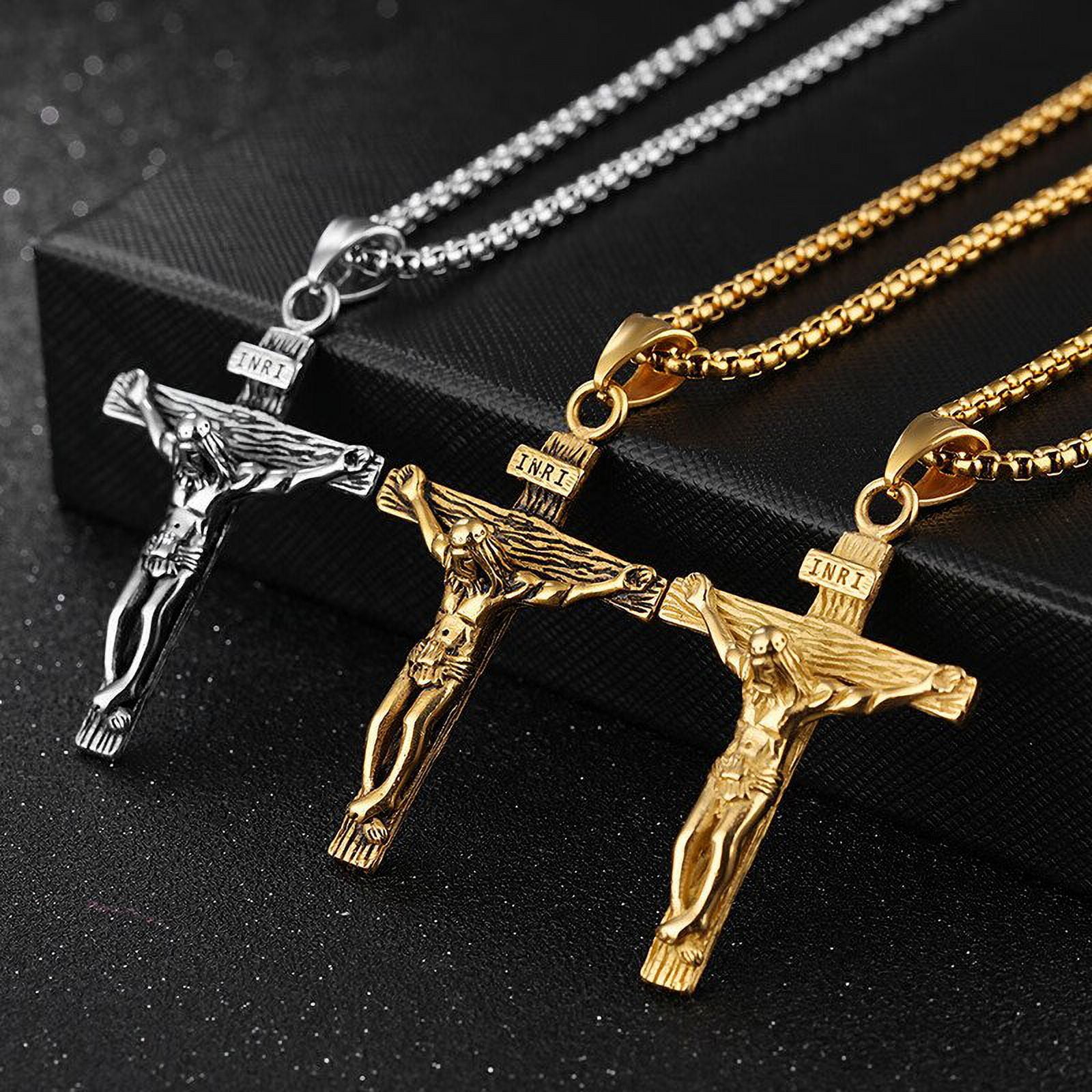 Petit Pendentif Croix Jésus Christ Trois Couches - Chaîne Acier 51 Cm (argent Ou Or)