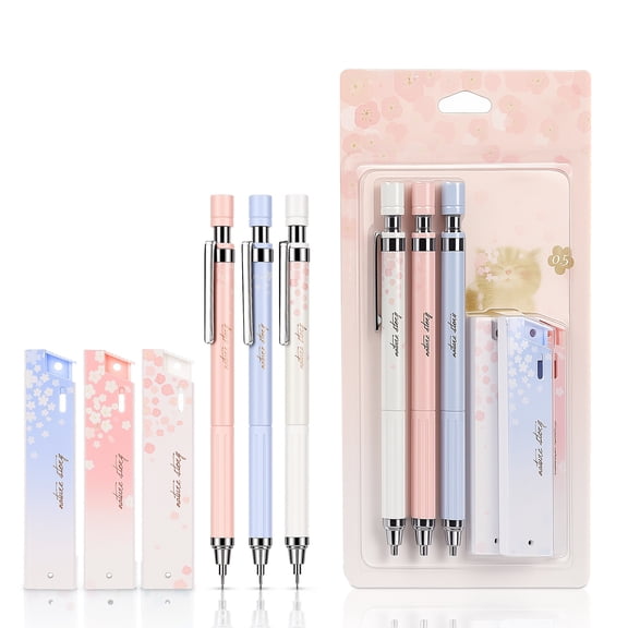 Cute Coquette Cherry Blossom Mechanical Pencils Set Include 3 Kawaii Mechanical Pencils,3 Tubes Mechanical Pencil Lead Refills,0.5mm Aesthetic Mechanical Pencil for Home Office Writing Draft Drawing