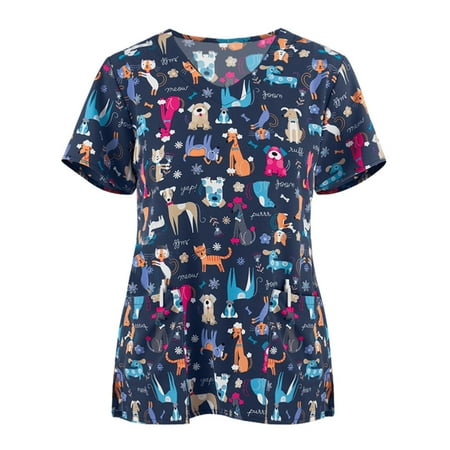 

BallsFHK Women Short Sleeve V Neck Cartoon Pattern Tops Working Uniform T-shirts Scrub Tops Women