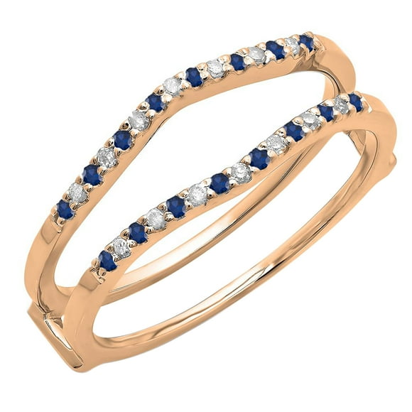Dazzlingrock Collection Round Blue Sapphire & White Diamond Anniversary Wedding Double Band for Women in 14K Rose Gold, Size 7.5