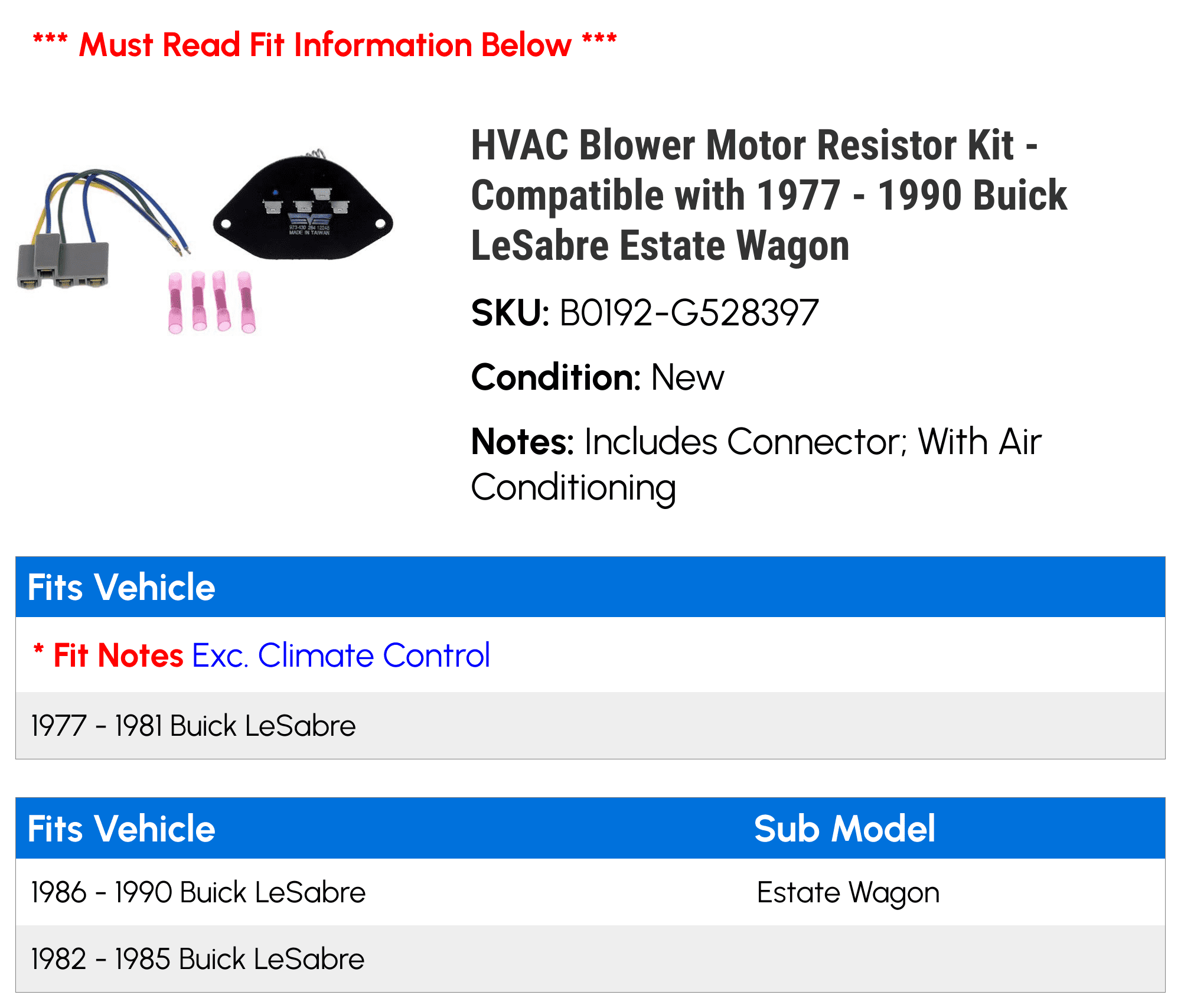 HVAC Blower Motor Resistor Kit - Compatible with 1977 - 1990 Buick LeSabre Estate Wagon - Dorman