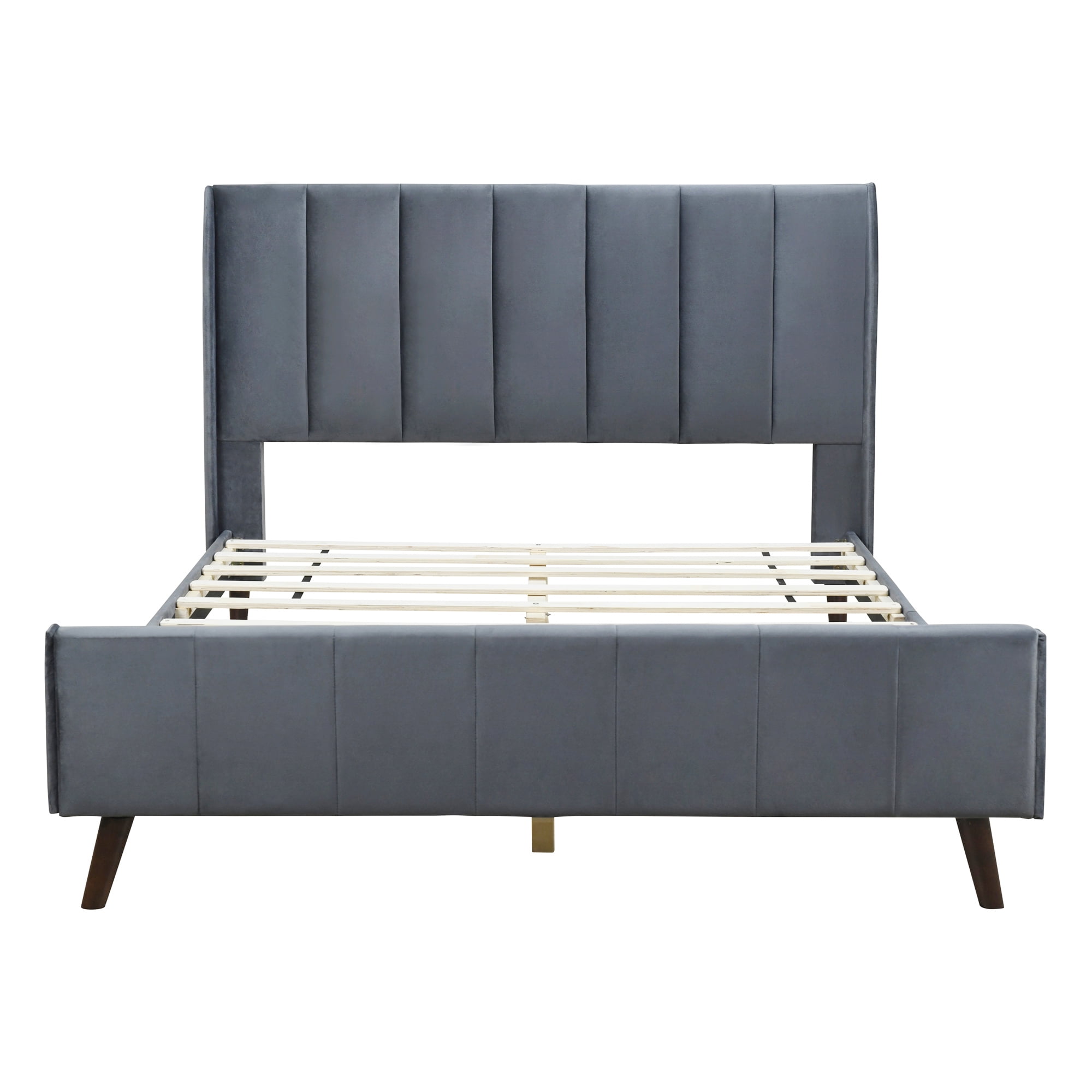 Aukfa Queen Size Upholstered Platform Bed, Velvet Vertical Stripe Bed Frame with Wingback Headboard, Gray