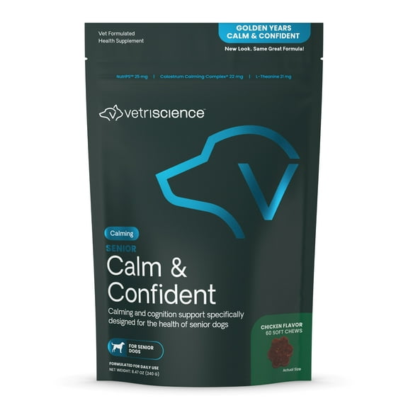 VetriScience Calm & Confident Stress Thiamine Supplement Chews for Senior Dogs Chicken, 60 Count Bag