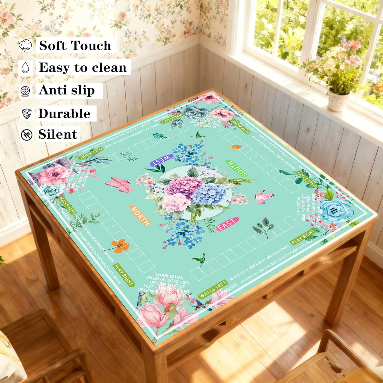 mahjong mat for table with Drawstring Bag/31.5Inch/american mahjong table cloth with rules mats,Noise Reduction Anti-Slip game mat for table,for Mahjong/Poker/Board Games/Card Games/Dominoes (blue)