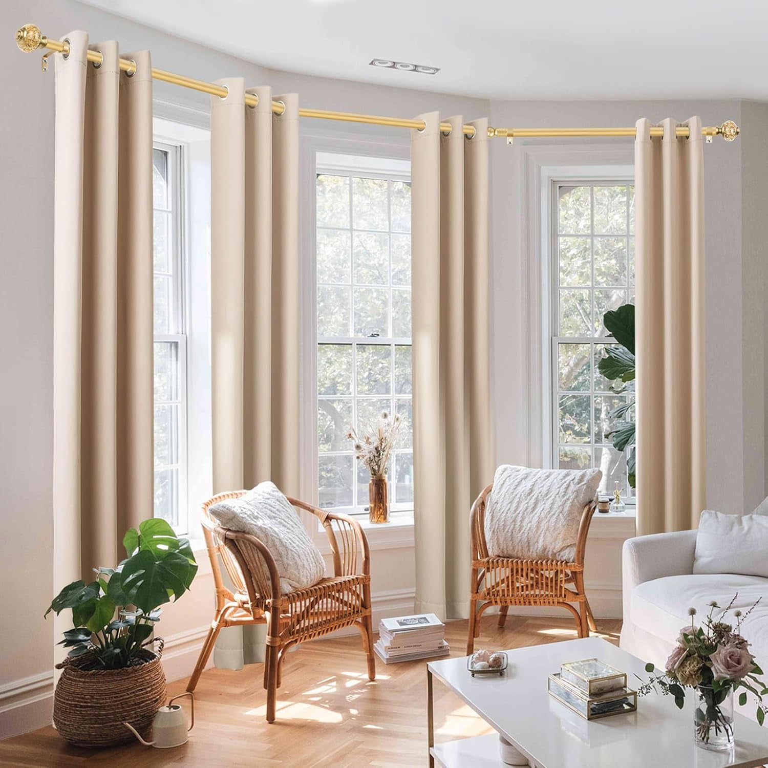 Bay Window Curtain Rods,  Gold Curtain Rods for Bay windows 32 to 86 Inch (Center Rod), 32 to 58 Inch Side Rod for windows, Decorative Drapery Rods with Bling Finials