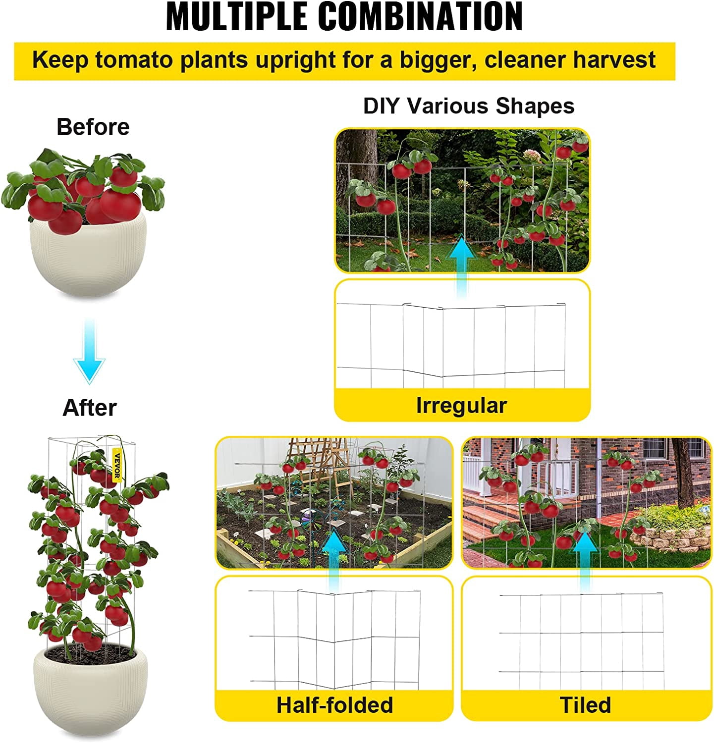 WLTER Tomato Cages, 11.8" x 11.8" x 46.1", 5 Packs Square Plant Support Cages, Silver PVC-Coated Steel Tomato Towers for Climbing Vegetables, Plants, Flowers, Fruits