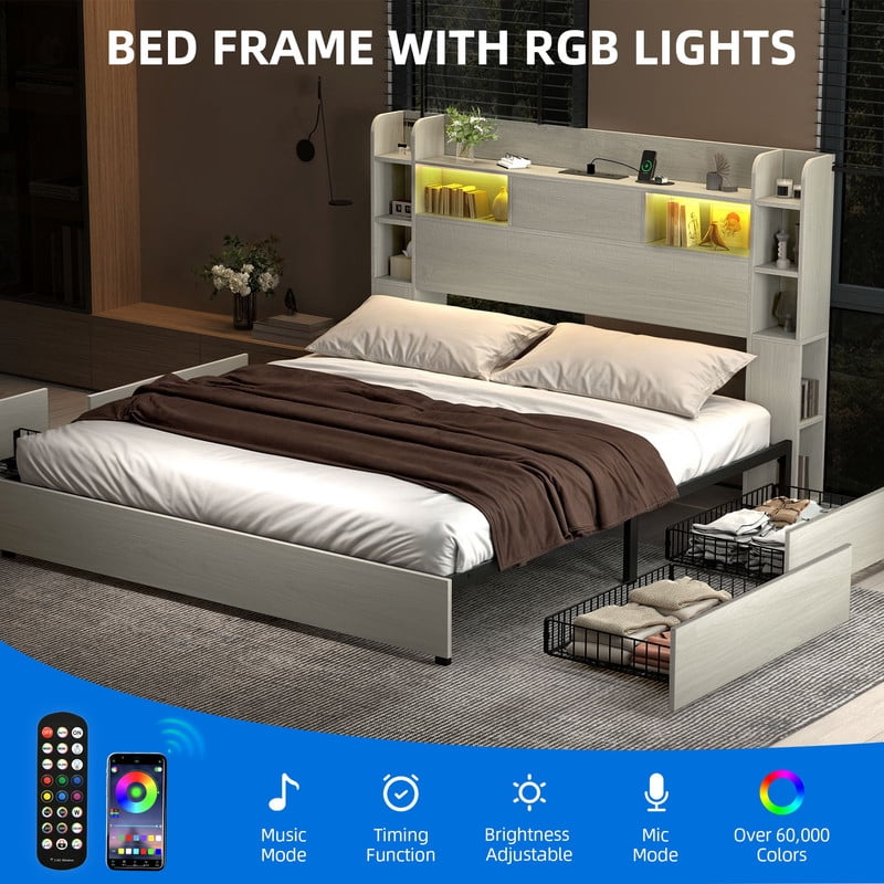 Uforic Queen Bed Frame With Bookcase Headboard & LED Lights, Storage Bed with Power Outlets & 4 Drawers, White
