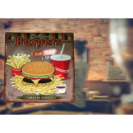 Retro Metal Sign: Delicious Burgers Set Meal; Best in Town Sign. Retro and fun signage for shop, home, office, store, etc.Product Size: 15 x 15 x 0.1 ; Décor ; All metal construct. Very