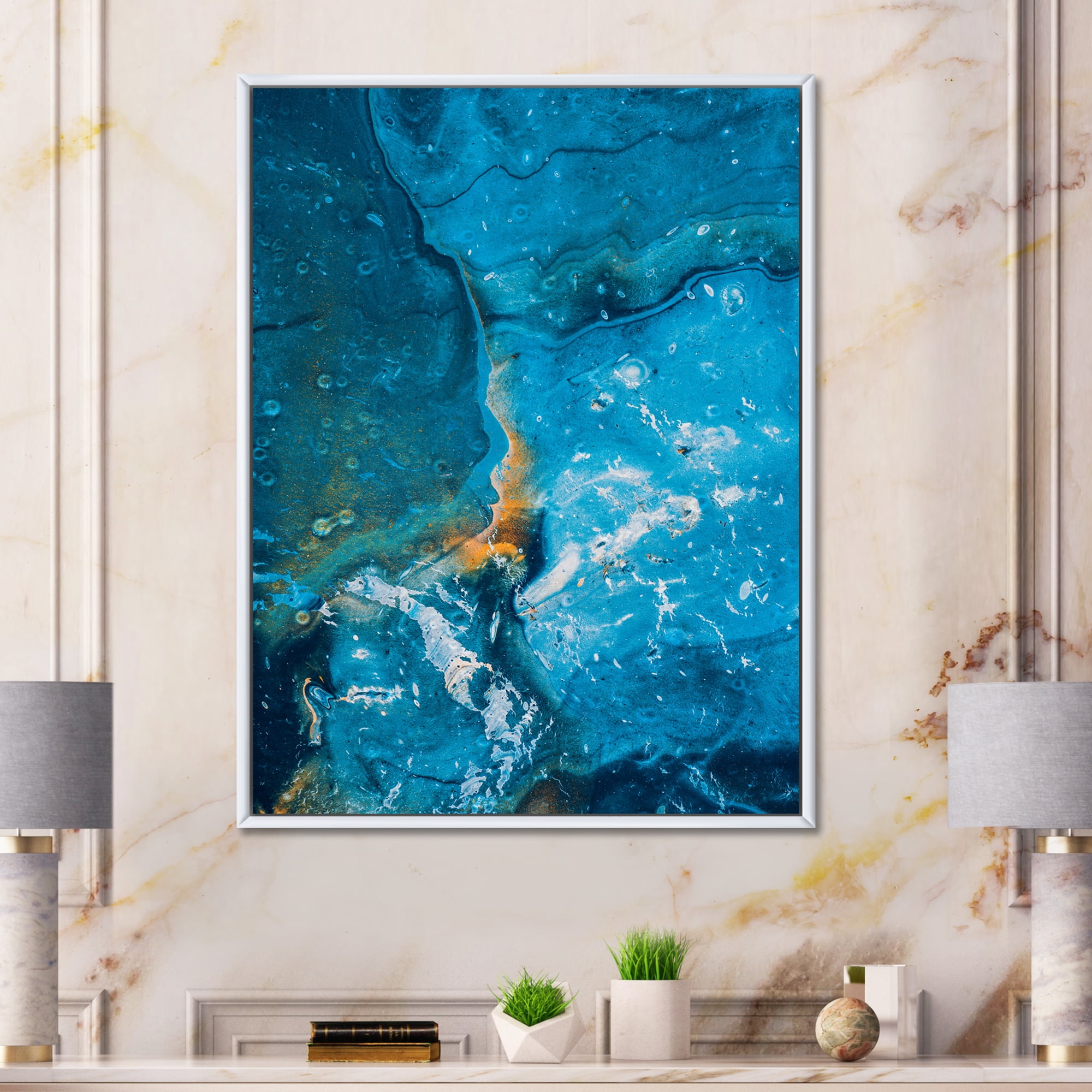 Designart 'Abstract Blue Marble Composition I' Modern Framed Canvas Wall Art Print