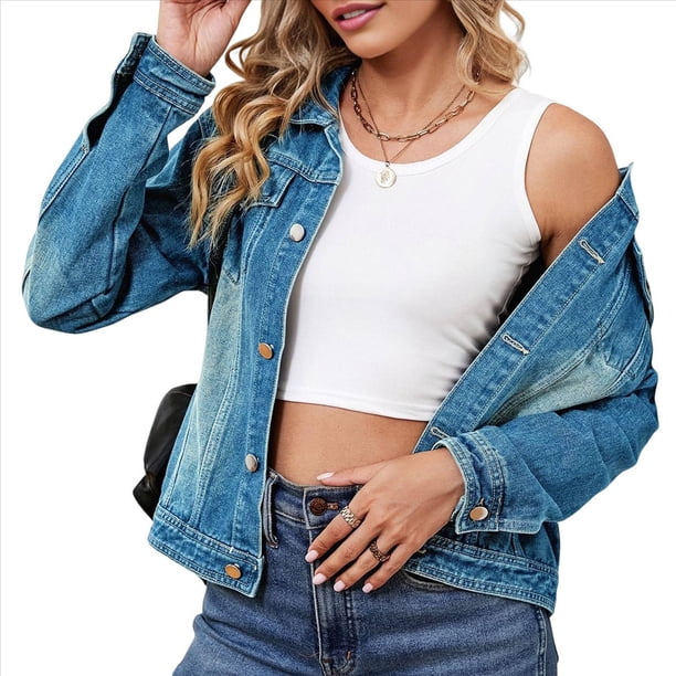 Chaqueta Vaquera Básica de Larga, Ajustada, Elástica y con Botones para Mujer Azul XL