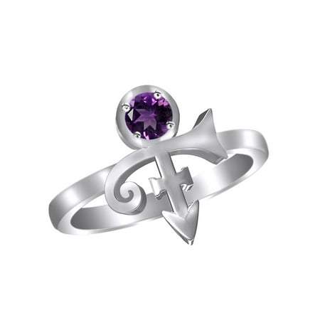 Amethyst Trillion Ring - Simulated Amethyst CZ Minimalist Peace Prince Singer Artist Symbol Ring In 14k White Gold Over Sterling Silver