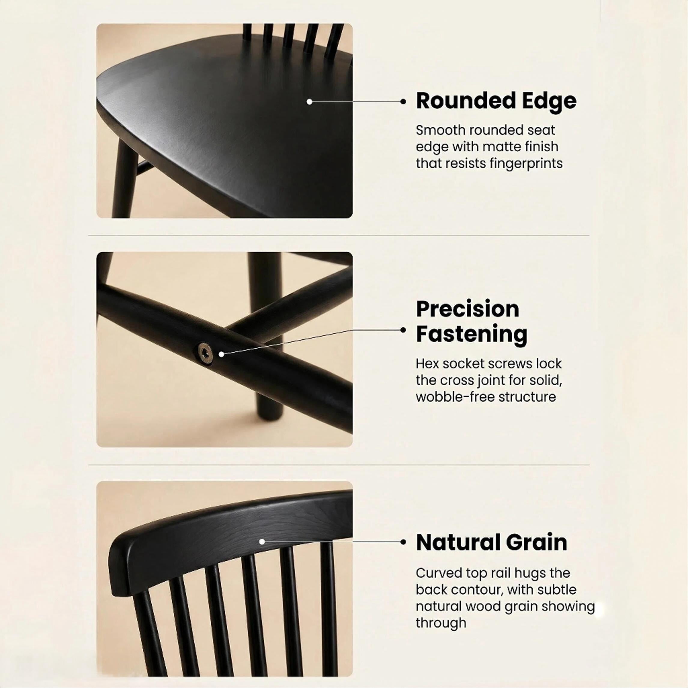 BSHTI Solid Wood Dining Chairs, Set of 4, Spindle Back Kitchen Chairs with H-Style Legs, Classic Farmhouse Dining Room Chairs, Black