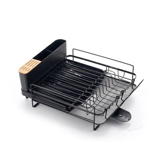 3-Piece Dish Dryer Rack with Expandable Base and Utensil Holder, Black