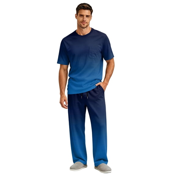 Dwelliawo Pajama Set Men Comfy Sleepwear Short Sleeve Pjs Set Soft 2 Piece Lounge Set Cozy Nightwear with Pockets Royal Blue S