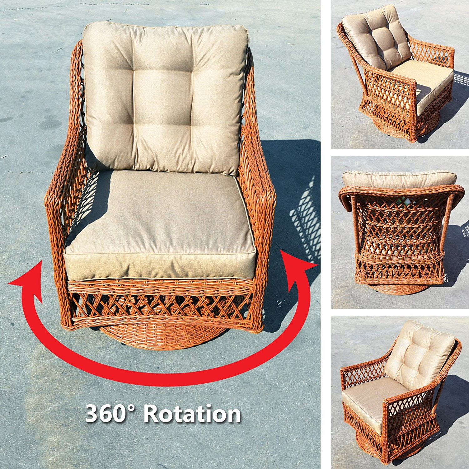 Sunny 5pc Wicker Rattan Table Chair Patio Sofa Furniture Set with Cushions Outdoor Garden W/ 3 Swivel Revolving Chairs and 2 Tables
