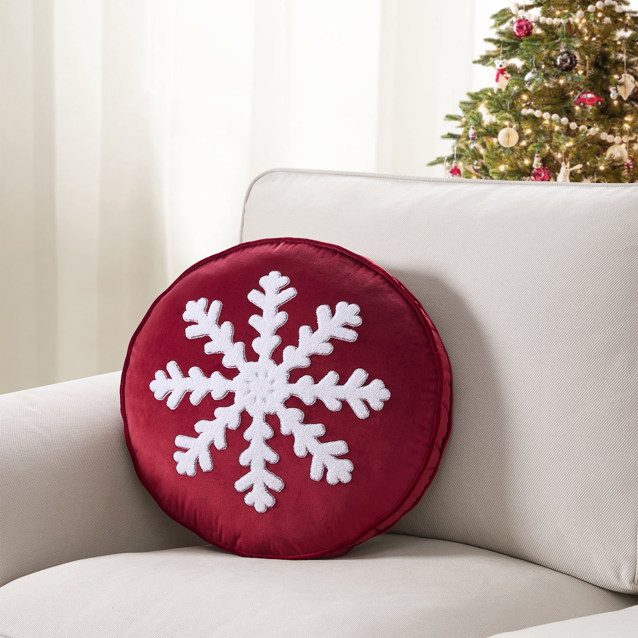 Holiday Time 16" x 16" Red Snowflake Round Velvet Decorative Pillow