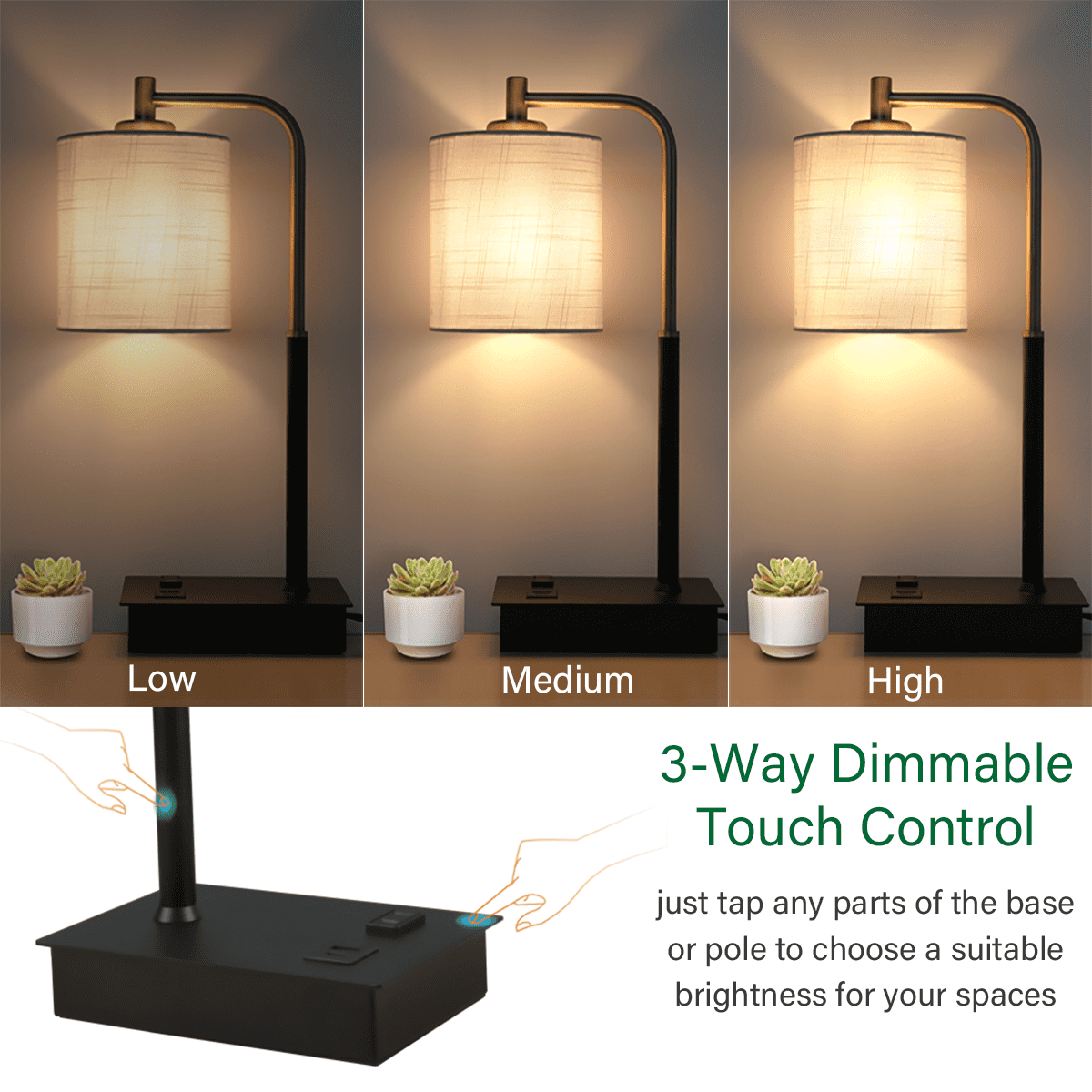 3-Way Dimmable Touch Control Table Lamp with USB A+C Port and Fabric Shade Bedside Lamp for Bedroom Living Room, Bulb Included