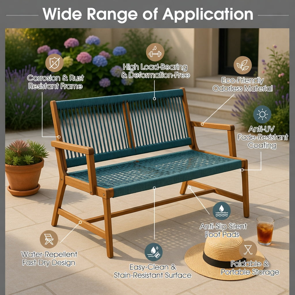Hommoo 2-Person Acacia Wood Outdoor Bench with Rope Weave Seat, Patio Bench for Backyard, Balcony & Poolside, Turquoise