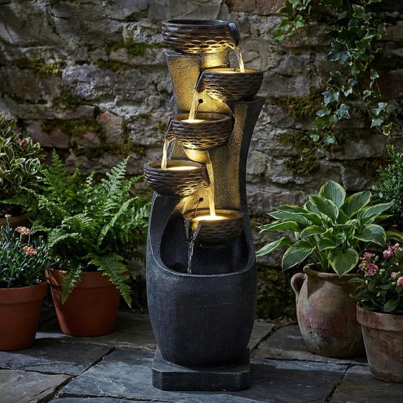 EPICOZY 36" Tall Garden Water Fountain, 6-Tier Outdoor Floor-Standing Cascading Waterfall Fountain with 4 LED Lights & Pump, Textured Relief Resin Water Feature for Patio, Porch & Home Art Décor