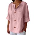 thumbnail image 2 of Cotton Linen Shirts For Women V Neck 3/4 Sleeve Blouse Cotton Boho Tops Summer Linen Tops Linen Clothing For Women Flowy Tops For Women Womens Gauze Tops Womens Summer Tops Office Work Tops Pink S, 2 of 6