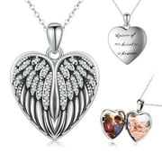 Coachuhhar Angel Wings Locket Necklace 925 Sterling Silver Heart Locket Necklace That Holds Pictures Memorial Pendant Necklace Locket Jewelry Gifts for Women Girls