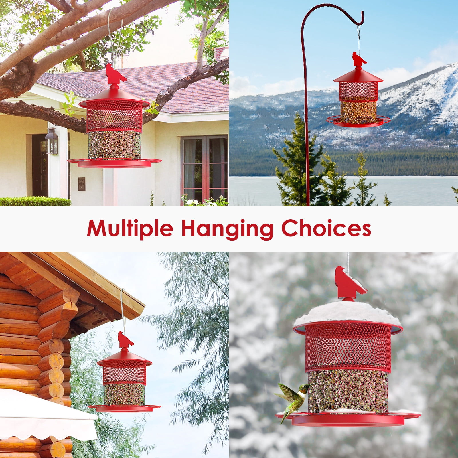 Digipettor Metal Wild Bird Feeder for Outside, Squirrel Proof Bird Feeders, Retractable 4LB Capacity Large Seed Birdfeeder for Outdoors Hanging Garden Yard, Red