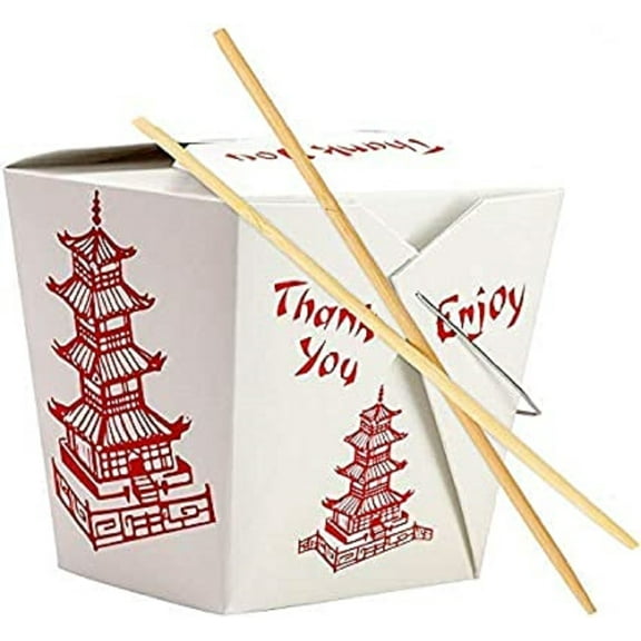 Avant Grub 32 oz Chinese Take Out Food Containers and 9" Disposable Bamboo Chopsticks, 25 Pack