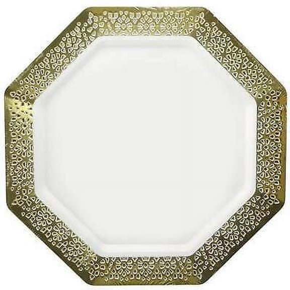 Gold Rim Lacetagon 11" Disposable Pretty Pearl Plate For All Occasions 10 Count