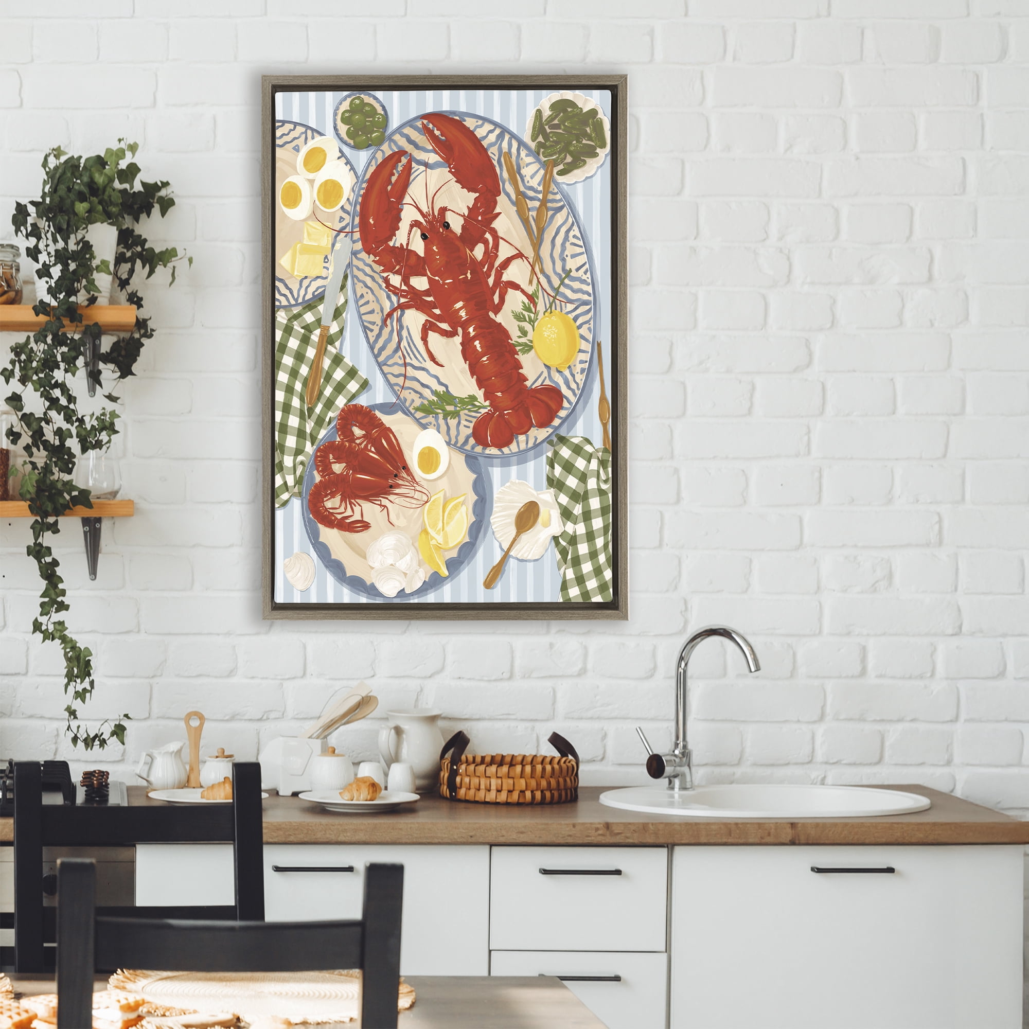 Stupell Industries Lobster For Lunch Platter Brown Framed Floater Canvas Wall Art, design by Vero Illustrates