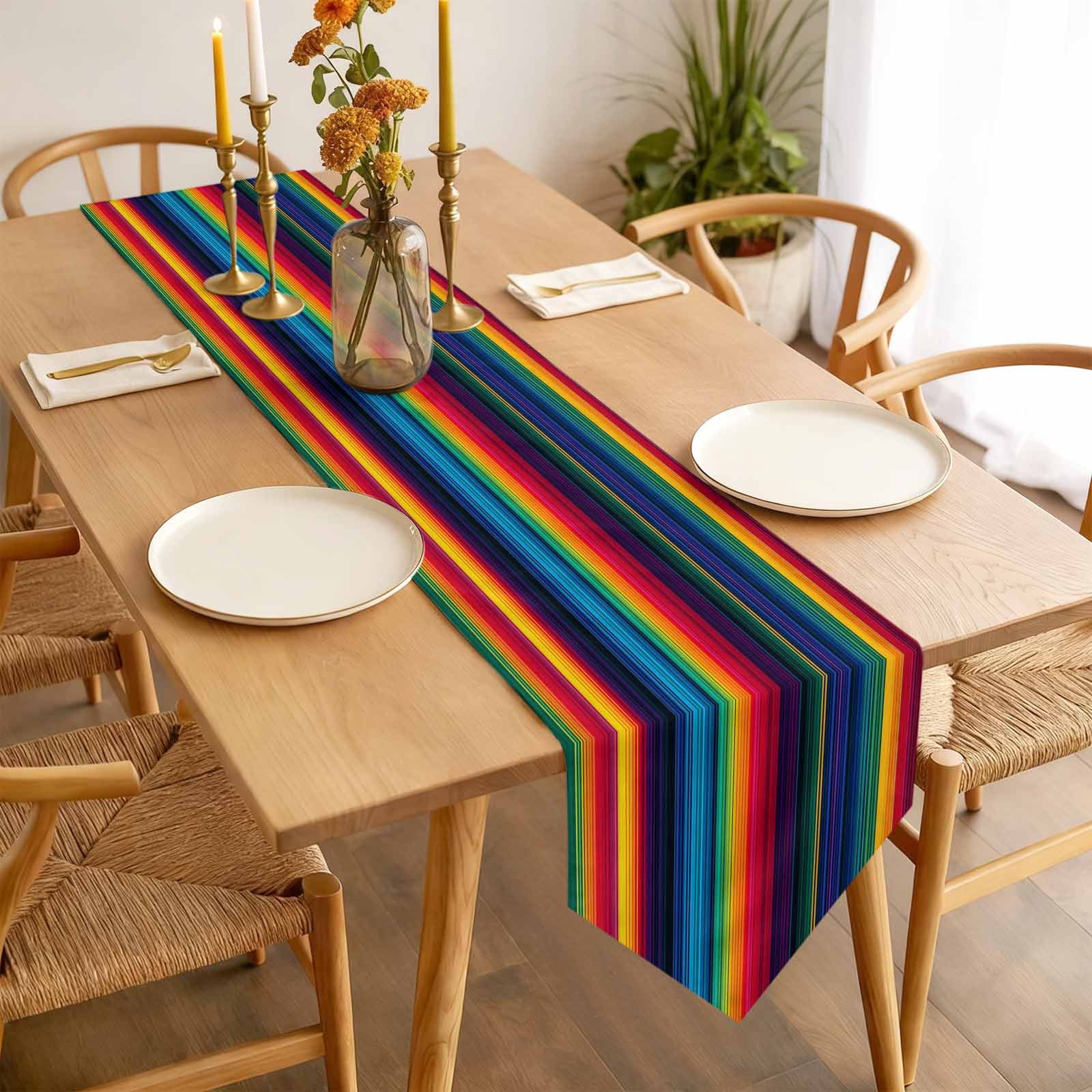 Colorful Mexican Table Runner 120 Inches Long Striped Modern Horizontal Stripes Table Runners for Dining Room Tabletop Dresser Scarf Home Party Banquet Wedding Holiday Decoration
