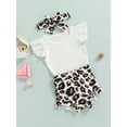 thumbnail image 3 of Franhais Newborn Three-Piece Outfits, Flying Sleeve Solid Color O-Neck Tee Shirt + Leopard Print Short Pants + Decorative Hairband, 3 of 8