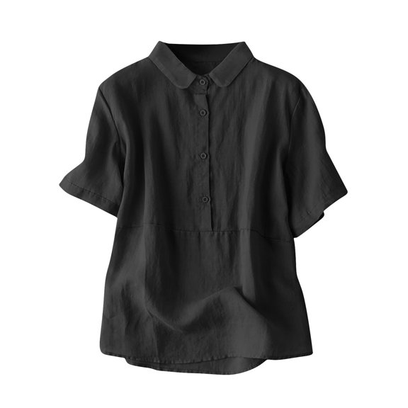 WREESH Women's Cotton Linen Button Up Shirt Collared Lightweight Summer Casual Short Sleeve Top