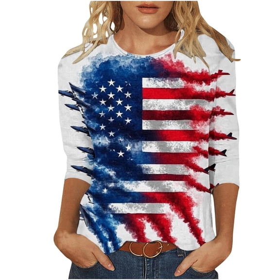 Lopecy-Sta Womens Tops Crew Neck American Flag Airplane Print 3/4 Sleeve T-Shirt For Patriotic And Holiday Wear