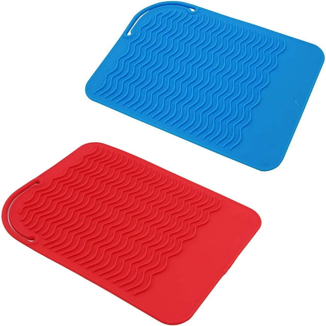Foldable Heat Resistant Silicone Mat Salon Hairdressing Mat Non-Slip Silicone Insulation Pad for Hair Straightener for All Hair Straighteners Tools Blue and Red 2 Pieces