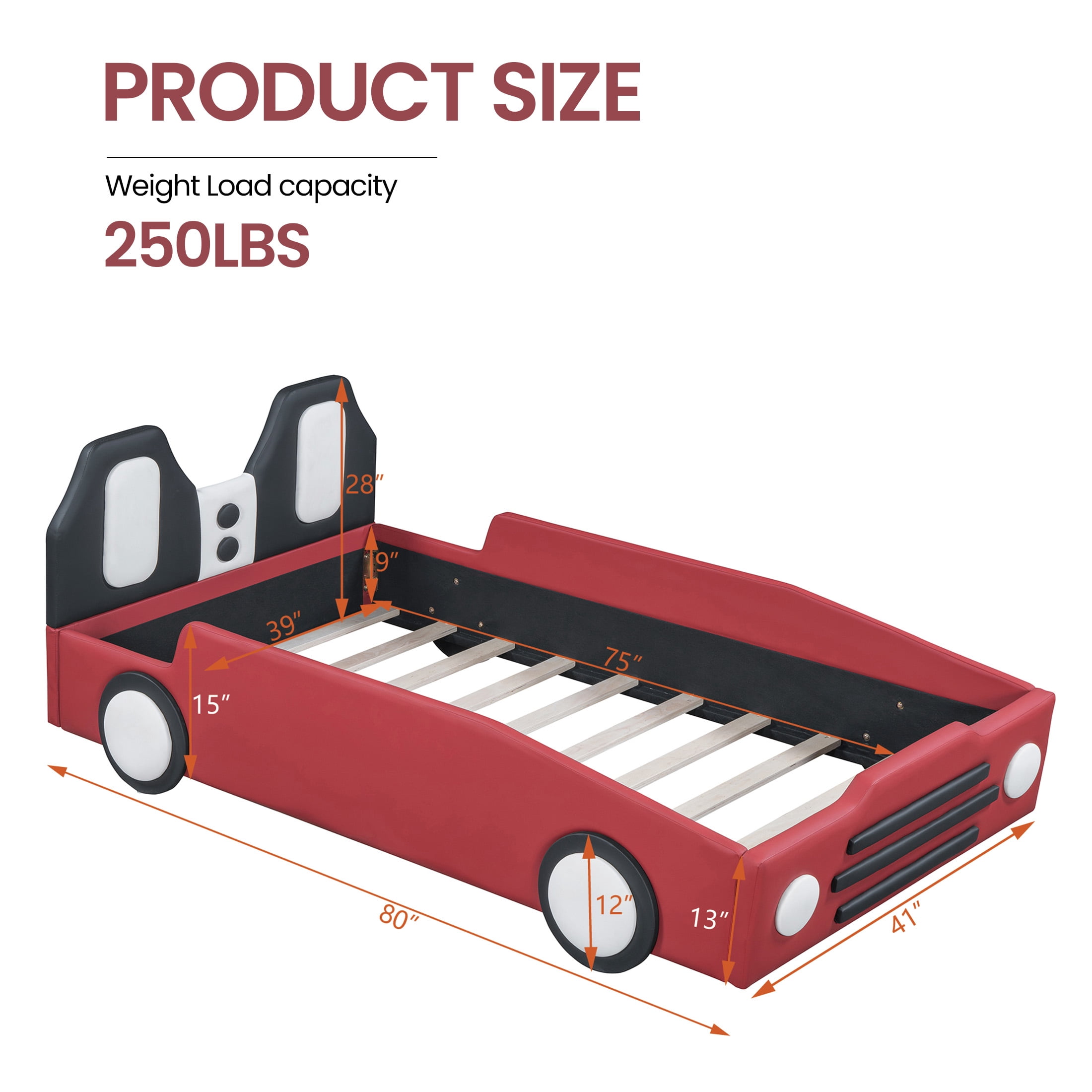 Aukfa Twin Size Kids Race Car Bed with Wheels, PU Leather Upholstered Platform Bed Frame for Boys/Girls Bedroom or Playroom, Red