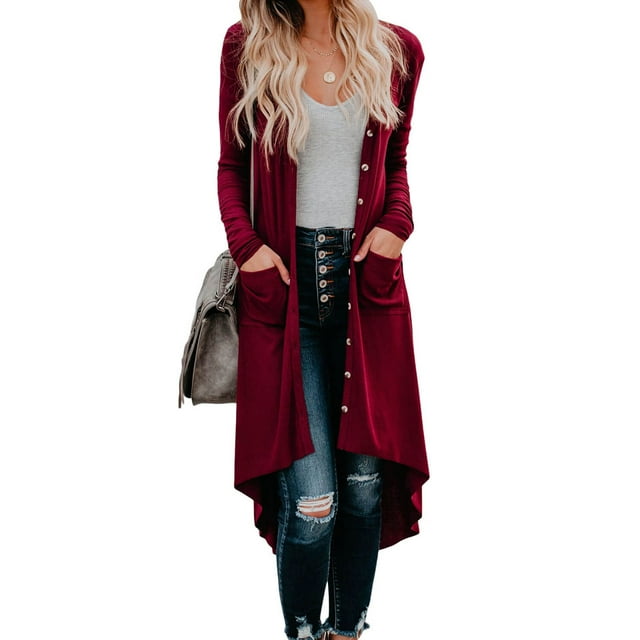 Women's Light Gray/Gray/Khaki/Apricot/Red Selected Button Down Pocketed High Low Cardigan