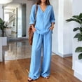 thumbnail image 2 of Lumtrix Linen Sets For Women 2 Piece Long Sleeve V Neck Top Matching Wide Leg Lounge Pants with Pockets Beach Vacation Outfits Summer Pajamas Blue S, 2 of 5