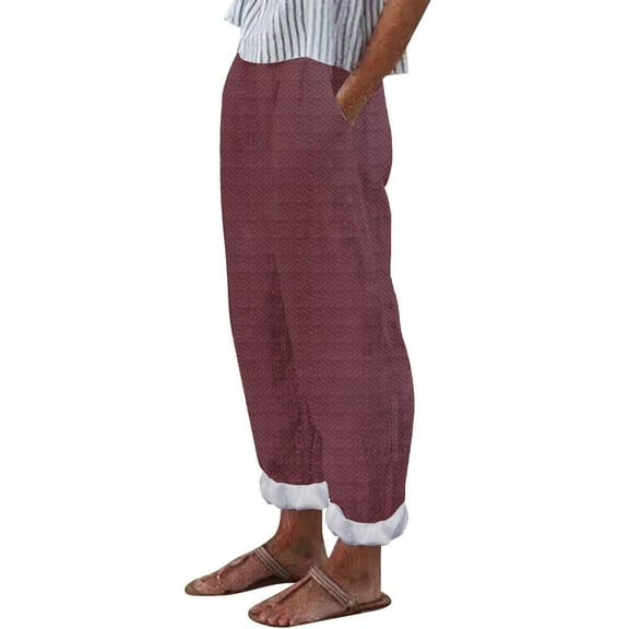 Audhol Linen Pants Women Women' Simple and Fashionable Geometric Texture Cotton Linen Casual Pants Spring Pants for Women 2025 Blue L