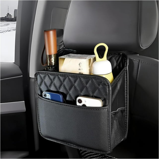 Car Back Seat Organizer, Hanging Leather Foldable Car Seat Storage Bag with Adjustable Strap, Multipurpose Auto Backseat Organizer Waterproof Hanging Bag with Mesh Pockets (Black)