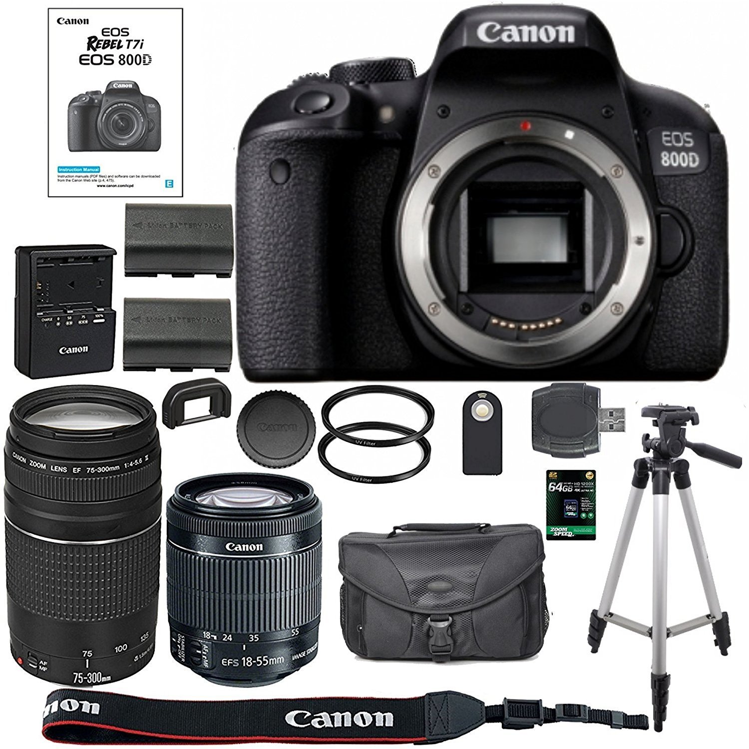 Canon EOS Rebel T7i 800D DSLR Camera + 64GB SDXC Memory Card + Canon