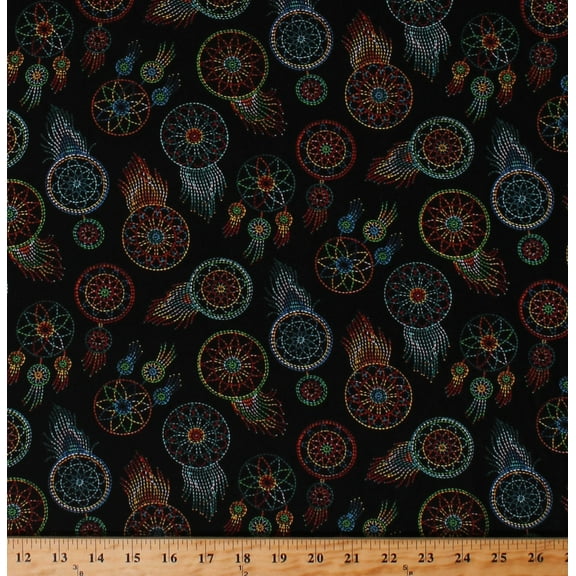 Cotton Dreamcatchers Beaded Dream Catchers Embroidered Look Southwestern Southwest on Black Cotton Fabric Print by the Yard (537BLACK)