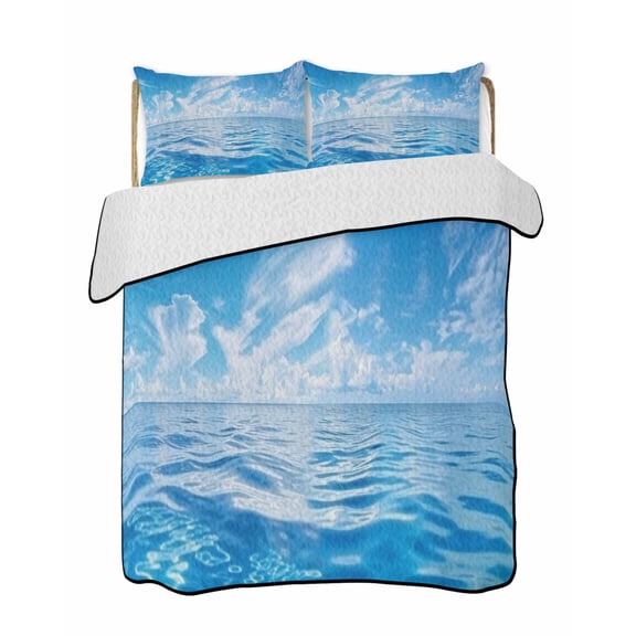 Blue Summer Beach Summer Quilt Set Full Size, Soft Microfiber Quilted Bedding Set with 2 Pillow Shams, Seaside Ocean Coastal Nautical Lightweight All Season Bedspread Coverlet for Bedroom 78"x90"