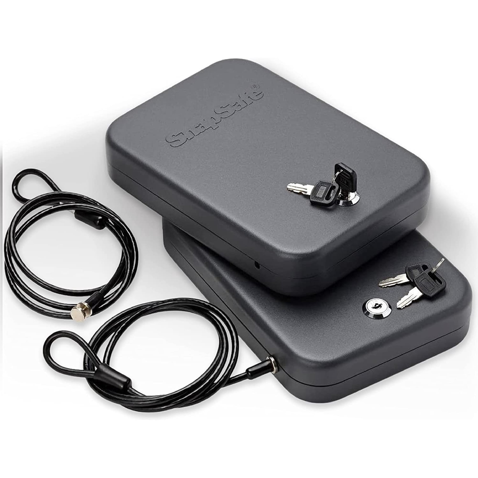 Portable Lock Box for Guns and Valuables 2 Pack - Includes 2 Lock Boxes (Keyed Alike) 4 Keys and 1500 Pound Patented Security Cable - Thick 16-Gauge Steel - An Ideal Car Gun Safe