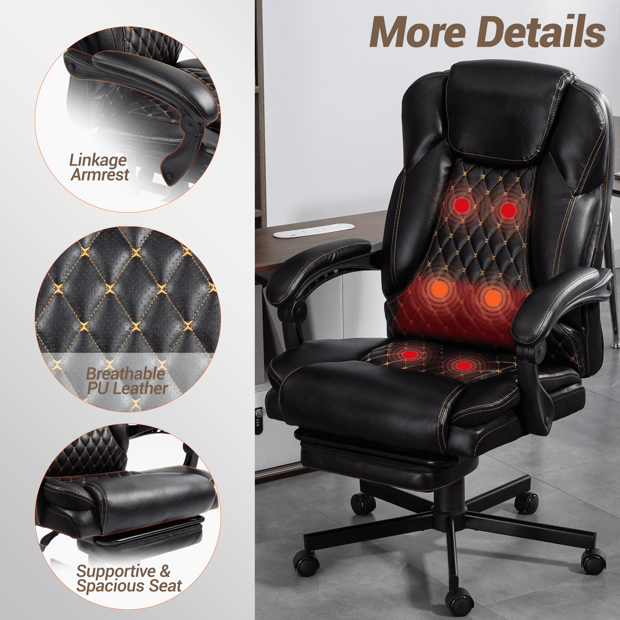 WENTUM Massage Office Chair with Foot Rest, 6 Points Vibration Heating Executive Chairs Ergonomic Home Office Desk Chair, Black
