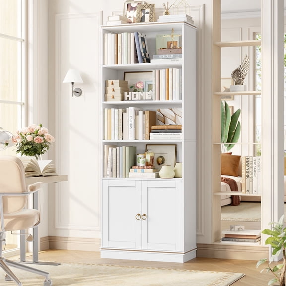 Hiphuta Bookcase with Doors, 73"Tall bookshelves with Storage, 4 Shelves Display Bookcase, 47"W Narrow Bookshelf with 2 Doors for Home Office and Living Room, White