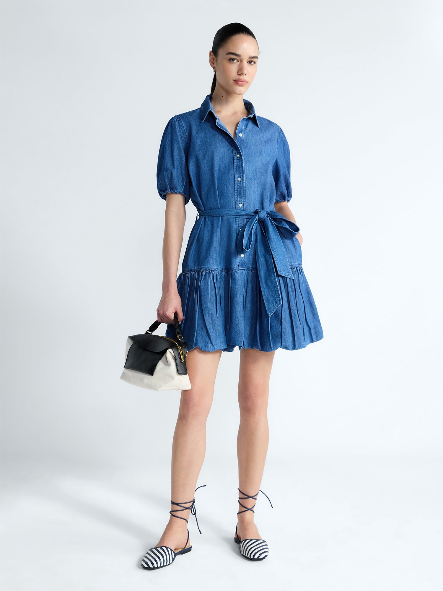 Free Assembly Women's and Women's Plus Cotton Mini Dress with Puff Sleeves, Sizes XS-4X