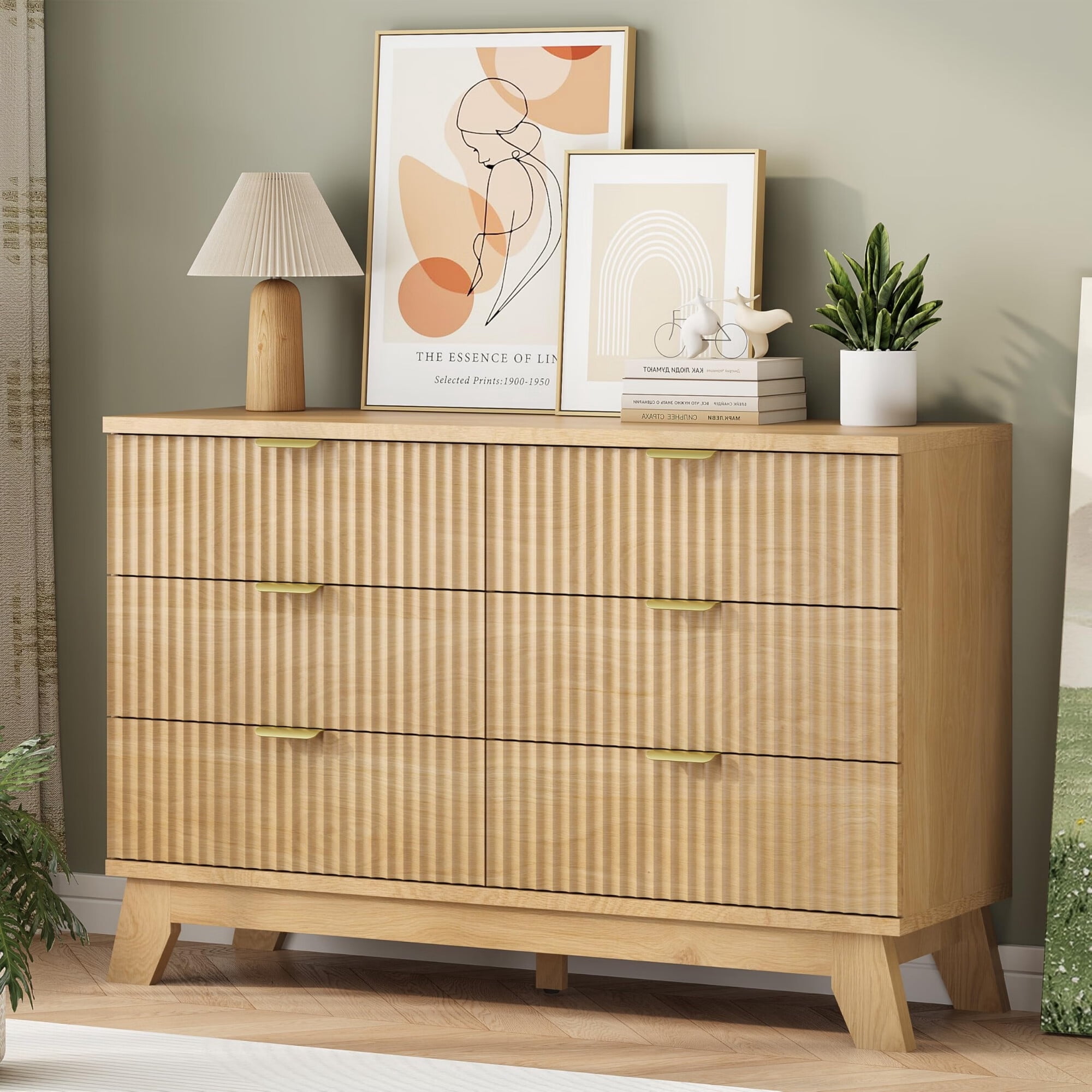 FANRAL 6 Drawers Dresser Fluted Dresser for Bedroom,Wooden Chest of Drawers Modern Dresser for Closet,Natural Oak Dresser